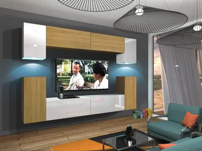 Immagine prodotto di Furnitech Parete attrezzata soggiorno - Mobili da soggiorno con LED RGB - 16 colori - Parete attrezzata moderna - Scaffali e mobile TV (Rodos AN43-17WD-HGM55 1A)