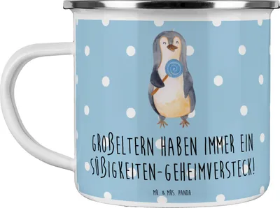 Produktbild von Mr. & Mrs. Panda Teetasse Großeltern Süßigkeiten - Blau Pastell - Geschenk, Weisheit, Teebecher, Emaille Tasse, Familienmitglieder, Familienleben, Enkelkinder, Pott