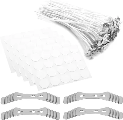 Imagen del producto de Kit de mechas para velas, 100 unidades, con 4 soportes para mechas y 100 adhesivos para mechas, ideal para la fabricación casera de velas