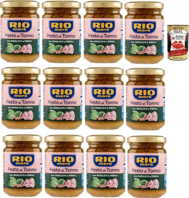 Produktbild von Rio mare Pesto al Tonno con Basilico e Pinoli, Thunfischpesto mit Basilikum und Pinienkernen pasta sauce 12x 130 g + Italian Gourmet polpa 400g