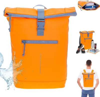Produktbild von Rucksack Plane Mart Time Bag Kurierrucksack Roll-top Fahrradrucksack Freizeitrucksack Sport Fitness Reise Laptopfach 511135 32 Signal Neon Orange + Flasche