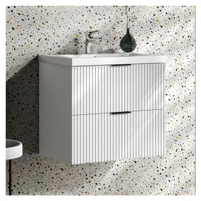 Produktbild von Waschtisch mit Unterschrank 60 cm Riva Badezimmermöbel Set Weiß Keramik Waschbecken mit Unterschrank MDF Softclose