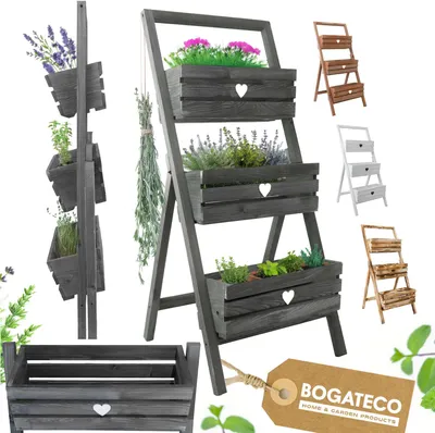 Image de BOGATECO Set de 3 pots de fleurs sur un support 110cm | Set de 3 pots de fleurs bac à plantes 40x18cm | Pot de fleurs en bois pour tomates et fleurs, pot de plantes pour jardin balcon |