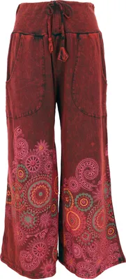 Produktbild von Palazzohose, Boho Baumwollhose, Hosenrock mit Blüten, Schlaghose - Rot, Damen, Baumwolle, Größe: M