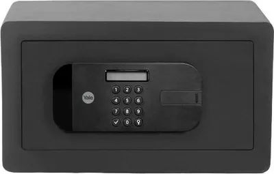 A black Yale safe with a digital keypad and fingerprint scanner.