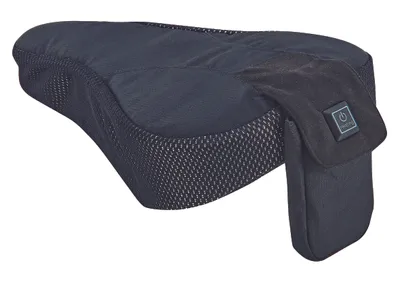 A black heated bicycle seat cover with a power button icon is shown against a white background.