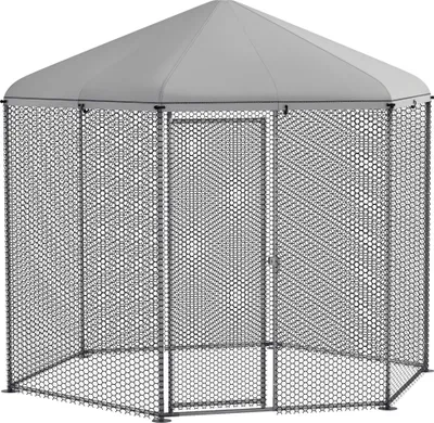 Image de PawHut Enclos poulailler chenil volière hexagonal extérieur 5 m² - parc grillagé dim. 2,8L x 2,45l x 2,46H - espace couvert - acier galvanisé - 5/8 poules
