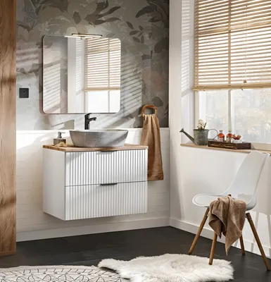 Produktbild von MONTIERT Design Badmöbel Set mit Waschbecken ADEL WEISS 80 cm MDF SOFT-CLOSE Waschtisch Spiegel