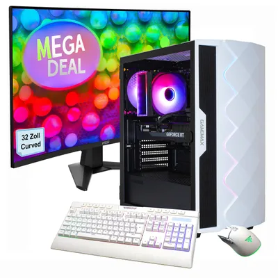 Immagine prodotto di GAMEMAX Gaming-PC Diamond WT Komplett SET Core i5 14400F 32GB 1TB SSD RTX 5060 + Monitor MSI MAG 32C6, curvo 80cm (32"), Maus, Tastatur