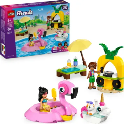 Produktbild von LEGO Friends Poolparty mit Einhorn und Flamingo - Spielzeug mit Tier Schwimmtieren, 2 Minifiguren, Kater Churro und Zubehör - DJ-Pult & Sonnenliegen – Geschenk für Mädchen ab 5 Jahren – 42658