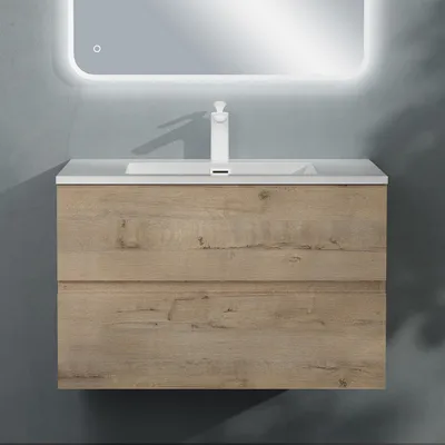 Immagine prodotto di doporro Mobile Bagno Sospeso Mobile Sottolavabo da 80 cm Rovere Chiaro con Lavabo Integrato | Lavandino in Marmoresina Vasca Centrale | Incluso 2 Cassetti Soft Close Seria Aqualis