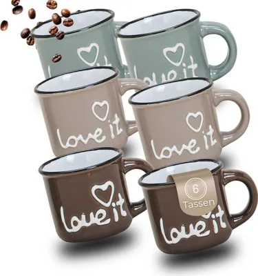 Produktbild von Espresso-Tassen Love It Spruch 6er Set dickwandige Keramik, 50 ml