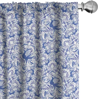 Image de ABAKUHAUS Rideaux russes, voilages, motifs circulaires oiseaux et fleurs Folk Porcelaine Impression artistique, 2 pièces 75 x 245 cm, Violet Blue Ceil Bleu