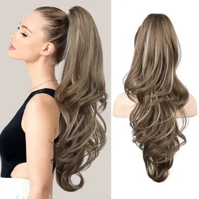 Produktbild von Pferdeschwanzverlängerung 66cm lang gewellt lockig Klauen Clip synthetisch Mittelbraun-Aschblond