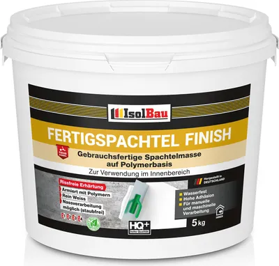 Produktbild von Isolbau Fertigspachtel Finish 5 kg, Glättspachtel Fugenspachtel, Gebrauchsfertige Polymer-Gips Fertig-Spachtelmasse für innen, Weiß Q1-Q5