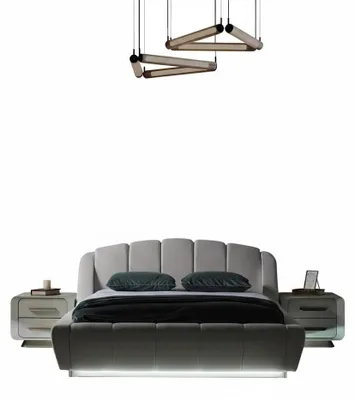 Image de Ensemble chambre à coucher : table de chevet, lit, blanc et gris, style moderne, structure en bois