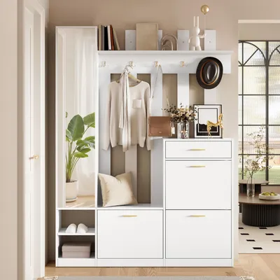 Productafbeelding van Flieks garderobeset met schoenenrek, garderobe met lade en haken, entreegarderobe met spiegel, 133x23,5x180cm, wit, spaanplaat
