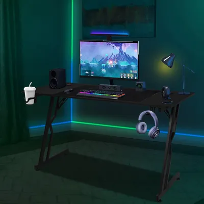 Produktbild von Jopassy Z-förmiger Gaming Schreibtisch Computertisch Bürotisch Gamer Tisch met Getränkehalter Kopfhörerhalter Mauspad, ohne LED (140x60cm)