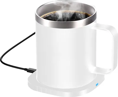 Produktbild von 2-in-1-Kaffeetassenwaermer und kabelloses Ladegeraet mit Tasse und Deckel, 55 ¡ãC/131 ¡ãF, intelligente konstante Temperatur, 10,5 oz, lebensmittelecht, doppelschichtiger Getraenketassenwaermer aus 304 Edelstahl fuer den Schreibtisch, das Homeoffice