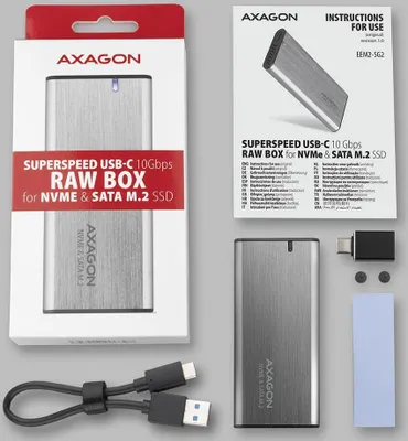 Produktbild von Axagon EEM2-SG2 SuperSpeed+ USB-C - M.2 NVMe & SATA SSD RAW box, SSD-Gehäuse, M.2, NVMe-oF, SATA, Serial ATA II, Serial ATA III, 10 Gbit/s, USB Anschluss, Grau