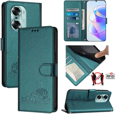 Produktbild von Leder Hülle für Honor 60 Süße Katze Flip Case Brieftasche Schutzhülle mit Standfunktion Grün