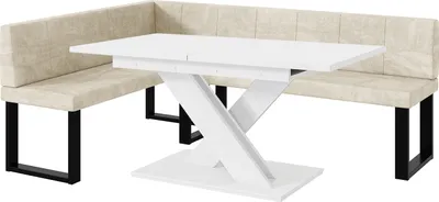 Produktbild von MEBLINI Eckbank für Esszimmer mit ausziehbarem Tisch  - Küchenbank - Essecke - Sitzecke Küche - PETER - U-Beine 142x196x87cm Links - Creme Samt/B Weiß Matt
