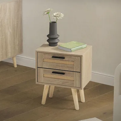 Produktbild von ML-Design Nachttisch mit 2 Schubladen, 40x50,5x30 cm, Eiche Optik, Nachtschrank mit Rattanfront & Massivholzfüßen für Boxspringbett Schlafzimmer
