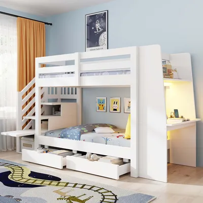 Productafbeelding van Kinderekkerbed 90x200 cm met bureau, LED-stopcontact, opbergruimte in de trap, lades, houten frame, hoogslaper, tienerbed, wit