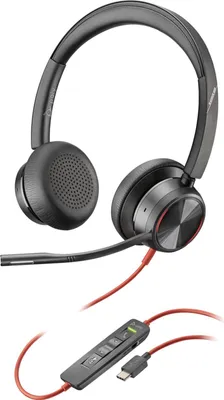 A black and gray headset with a red cable and inline controls, shown against a white background.