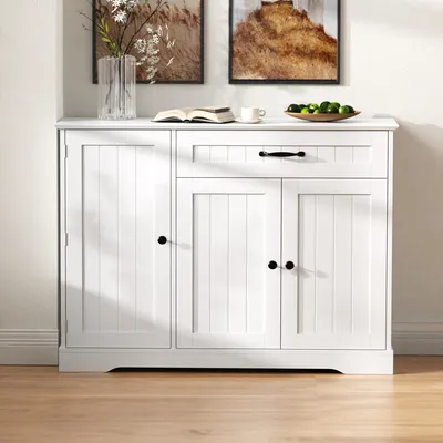 Image de Buffet moderne et élégant avec 3 portes et 1 tiroir, idéal pour la salle à manger, le salon ou l'entrée, blanc