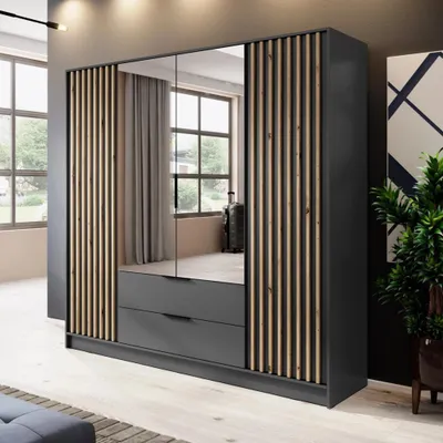Produktbild von Kleiderschrank Stilo Graphit Grau mit Spiegel & Lamellen – 206 cm, 4 Türen, 2 Schubladen, Loft Design