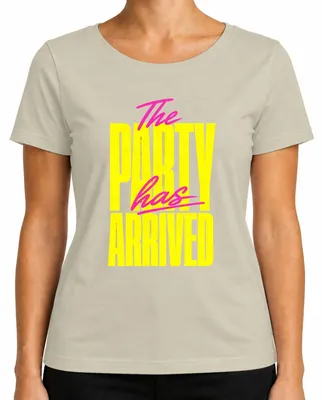 Productafbeelding van Het feest is begonnen! Grappige spreuk. Neon. Outfit voor een feest in de jaren 80 of 90. Dames T-shirt, naturel, maat S