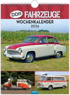 A collage of vintage East German vehicles, including a car, a scooter, and an ambulance van.