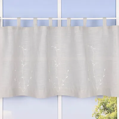 Produktbild von Bio Schlaufenbistro Scheibengardine aus Bio Baumwolle Blätterstickerei Leinenstruktur halbtransparent hellgrau 150x50cm