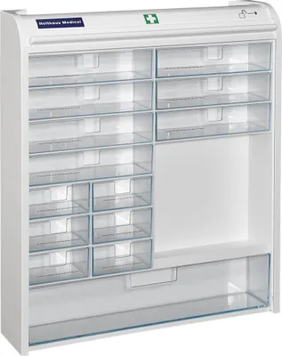 A white medical cabinet with multiple clear drawers.
