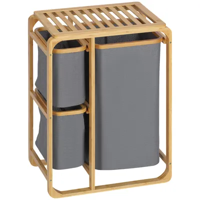 Zdjęcie produktu dla Kosz na pranie HOMCOM z platformą, pojemnik na pranie z 3 wyjmowanymi workami na pranie, sorter na pranie do sypialni, łazienki, bambus, szary i naturalny, 50 x 32 x 69,7 cm