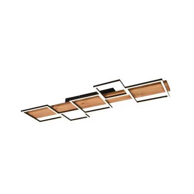 A modern ceiling light fixture with multiple square elements arranged in a linear fashion, featuring wood accents and integrated LED lighting.