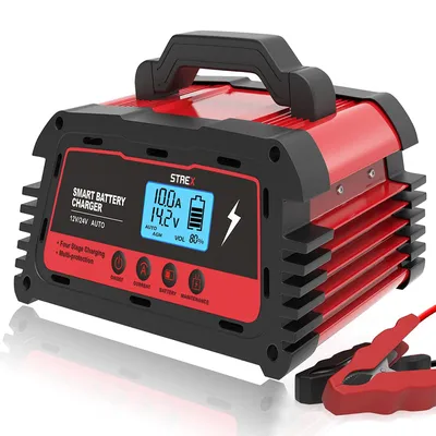 Produktbild von Strex Industrie Batterieladegerät - 12/24V 5/10/25A - Reparaturmodus - Tropf-Ladegerät - Batterieladegerät für Auto / Motorrad / Roller / Boot / Wohnmobil