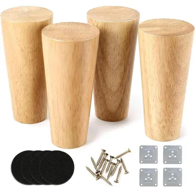 Produktbild von Möbelfüße Holz 10cm Rund Eiche 4 Stück mit Montageplatten und Schrauben