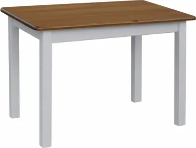 A simple, rectangular wooden table with a brown top and white legs, set against a white background.