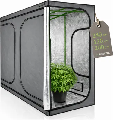 A grow tent with a plant inside, with a product tag attached.