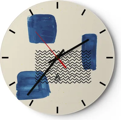 Produktbild von Wanduhr - Rund - Glasuhr - Abstraktion Flecken Zickzack - 30x30cm - Schleichendes Uhrwerk - Lautlos - zum Aufhängen bereit - Dekoration Modern - Wanddekoration aus Glas - C3AR30x30-4515