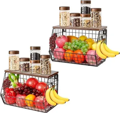 Produktbild von Famanu Hängende Obstschale 2 Etagen mit Holzdeckel – Stapelbar + 4 Bananenhaken für die Küche