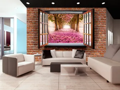 Produktbild von Vlies Fototapete Natur Fenster Blumen Park Blumenweg Bäume 400x280 cm – Moderne Vliestapete, Tapete für Wohnzimmer, Wanddeko, Flur c-A-0040-a-b