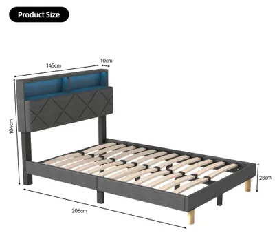Image de Lit double tapissée, de 90 à 140 cm de large et 200 cm de long, de couleur grise, avec éclairage LED et espace de rangement