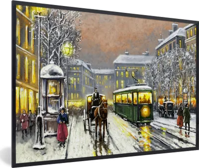 Produktbild von MuchoWow® Gerahmtes Poster Gemälde - Ölgemälde - Winter - Straßenbahn - Pferd 30x20 cm - Poster mit Schwarzem Bilderrahmen Wandposter Rahmen Foto Bilder - Kunstdruck - Bild-Poster