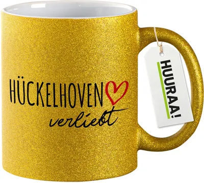 Produktbild von Huuraa Glitzertasse Hückelhoven verliebt 330ml Gold Keramik Kaffeebecher Geschenkidee
