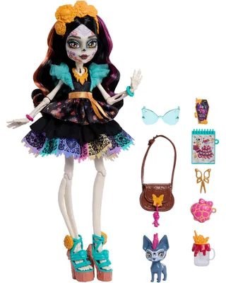 Produktbild von Monster High Skelita Calaveras-Modepuppe in Rüschenkleid mit Haustier Candelita und 7 Zubehörteilen, Modepuppe, Weiblich, 4 Jahr(e), Mädchen, 297 mm, Mehrfarbig