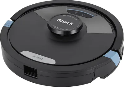 A top-down view of a black robot vacuum cleaner with gray and blue accents.