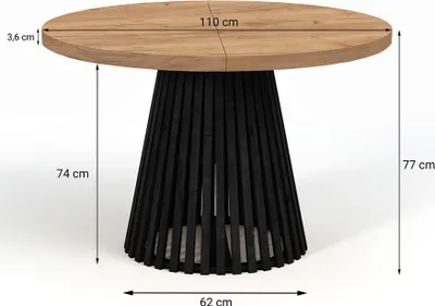 A round table with a wooden top and a black, slatted pedestal base is shown against a white background, with dimensions indicated by lines and text.